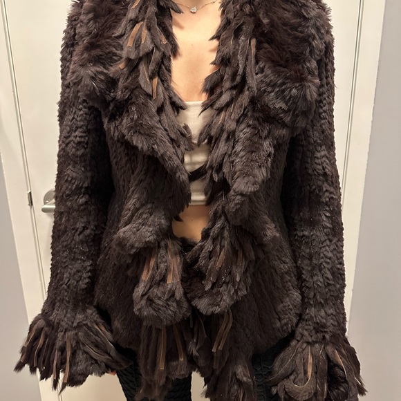 Rich Brown Fur coat with Suede and Fur Fringe trim - Picture 2 of 5